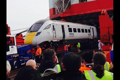 The first Class 800 trainset for the Intercity Express Programme was unloaded in Southampton on March 12 (Photo: Hitachi Rail Europe).